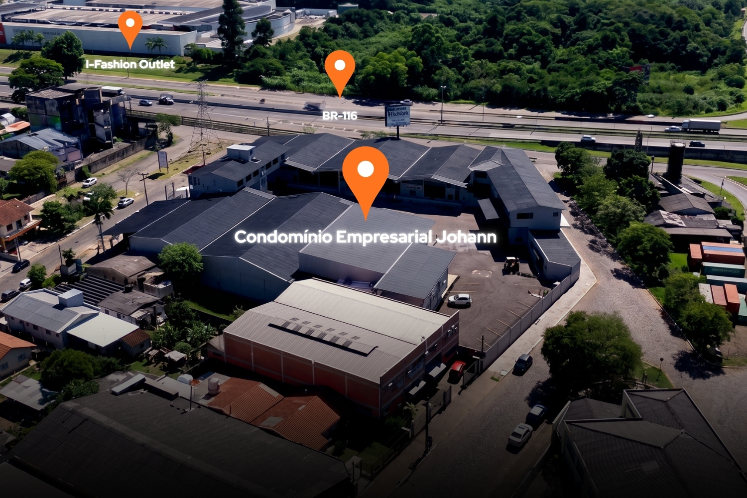 Localização do Condomínio Empresarial Johann em Estância Velha-RS, às margens da BR-116